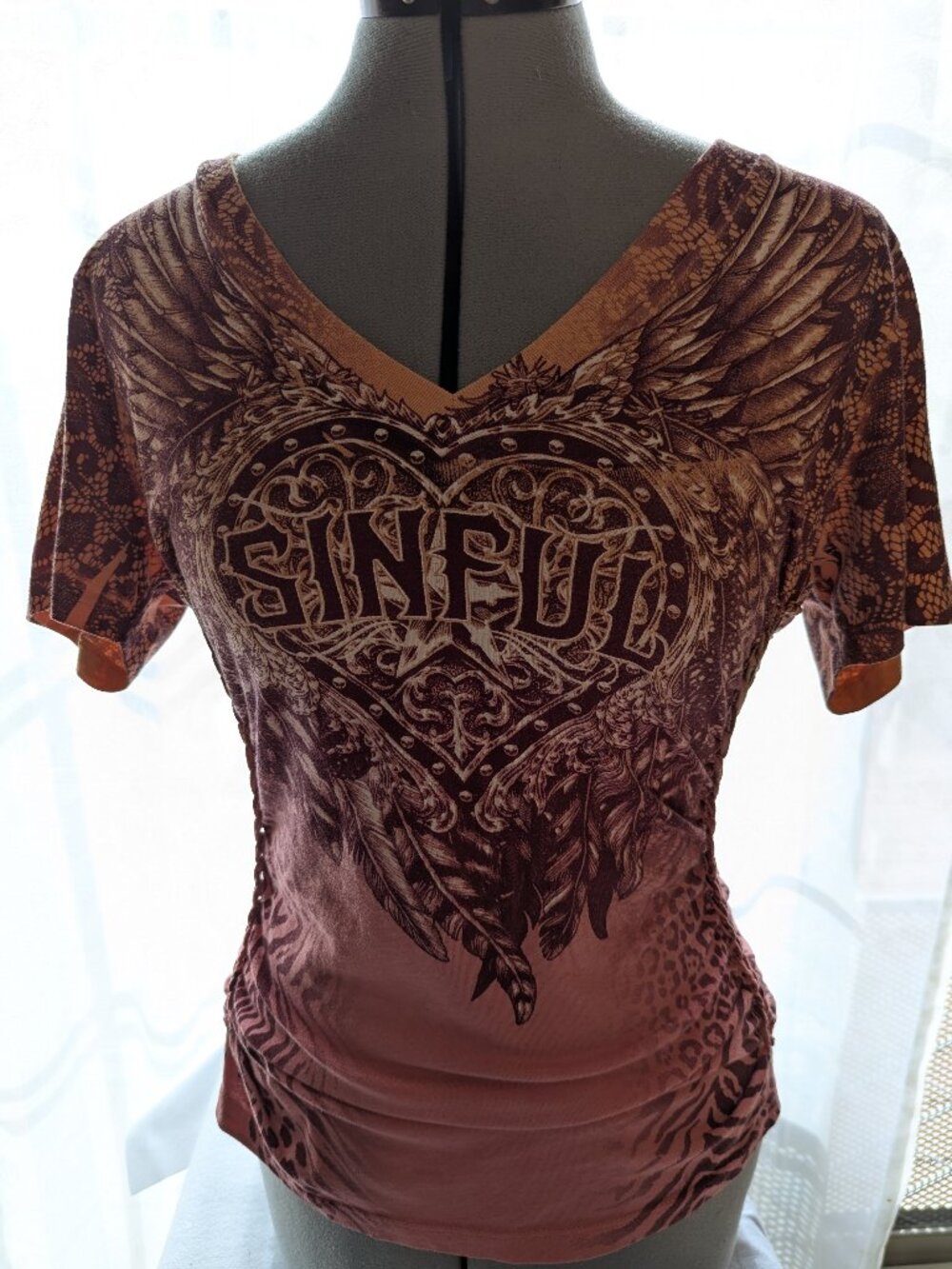 Sinful by Affliction Corset Lace-Up Feather Heart Top Y2K Tattoo Art L